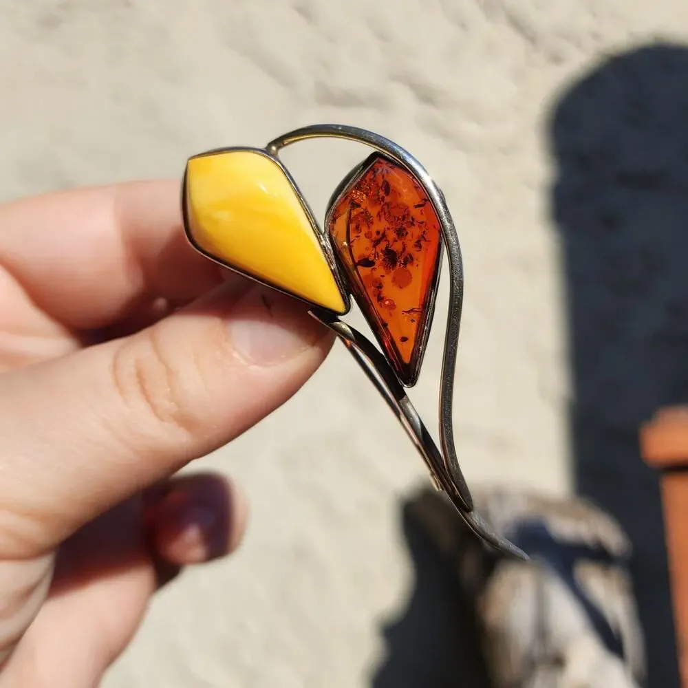 Vintage Amber Brooch Baltic Egg Yolk Sterling Silver Open Back Art Nouveau Pin